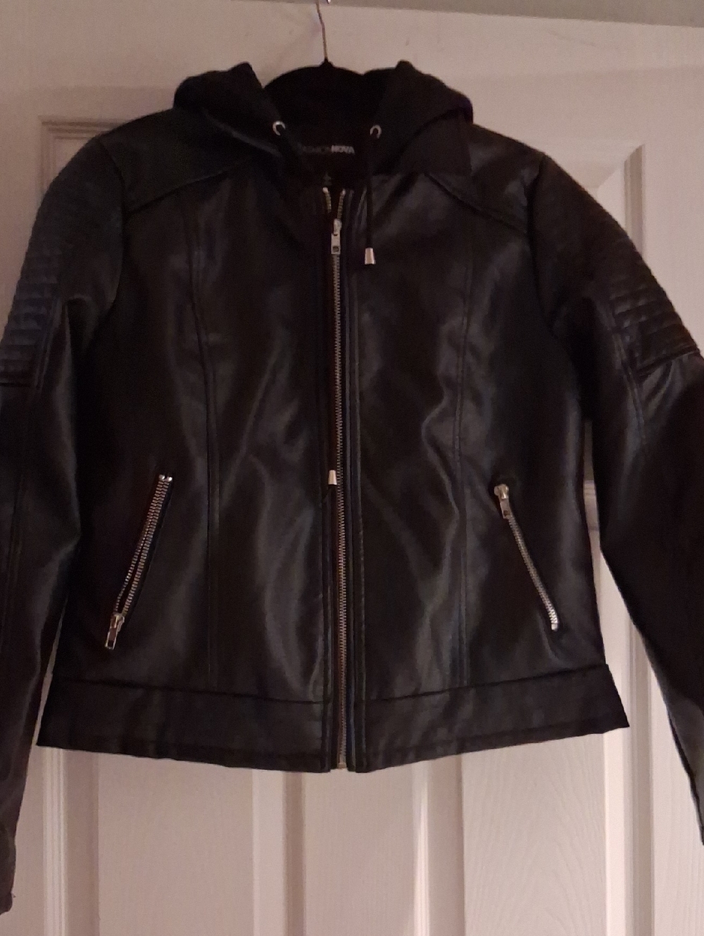 Fashion Nova NWT!! Black Faux Leather Hooded Moto Jacket